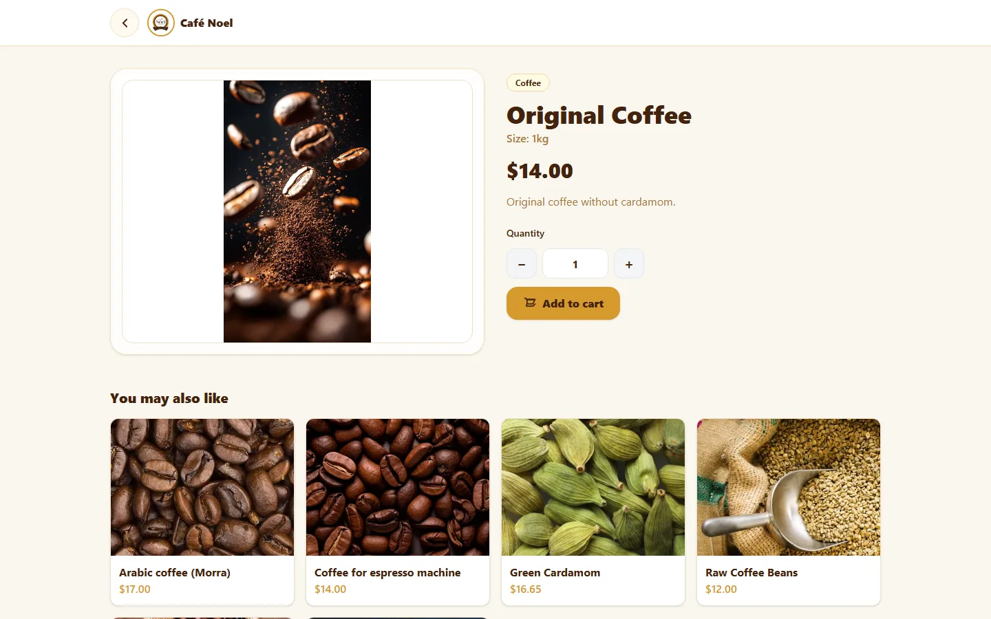 Product page for Original Coffee with price, quantity selector and related products