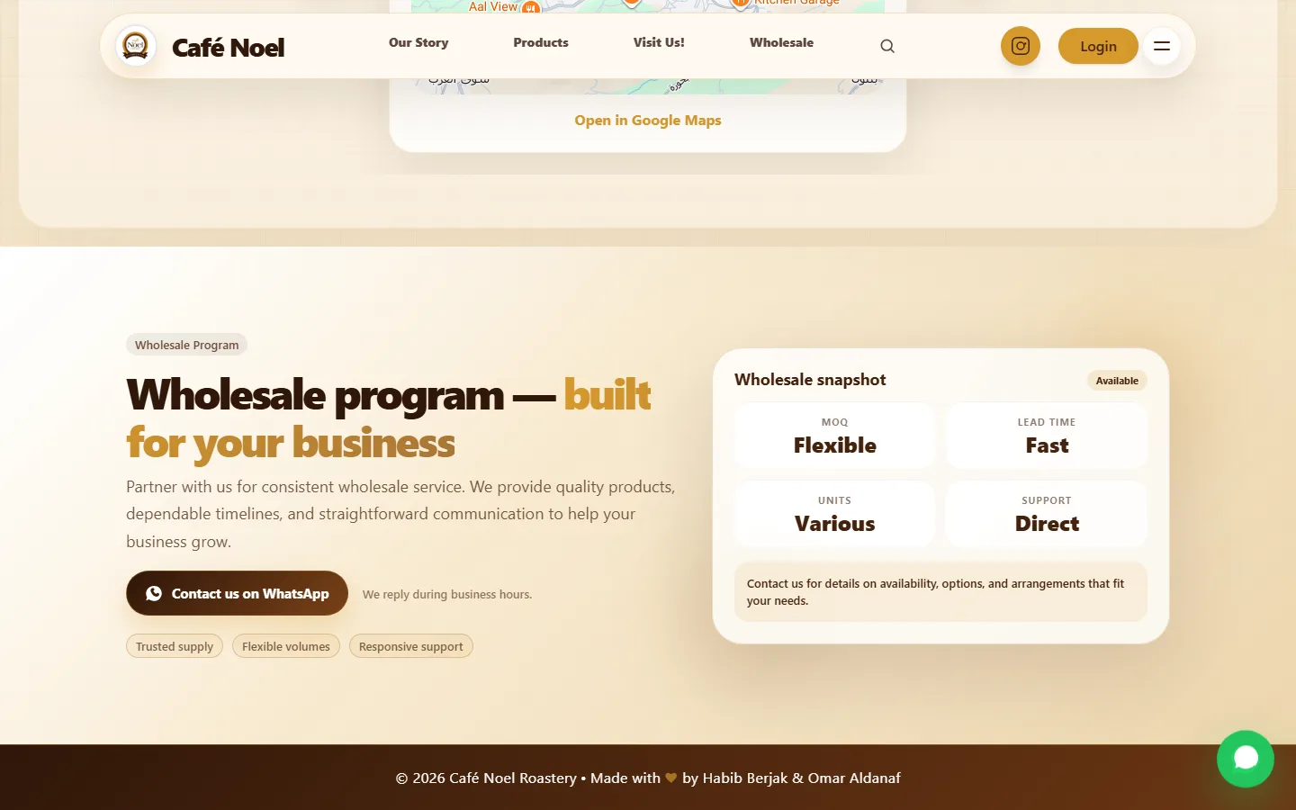 Wholesale program section with a WhatsApp button and a wholesale snapshot card