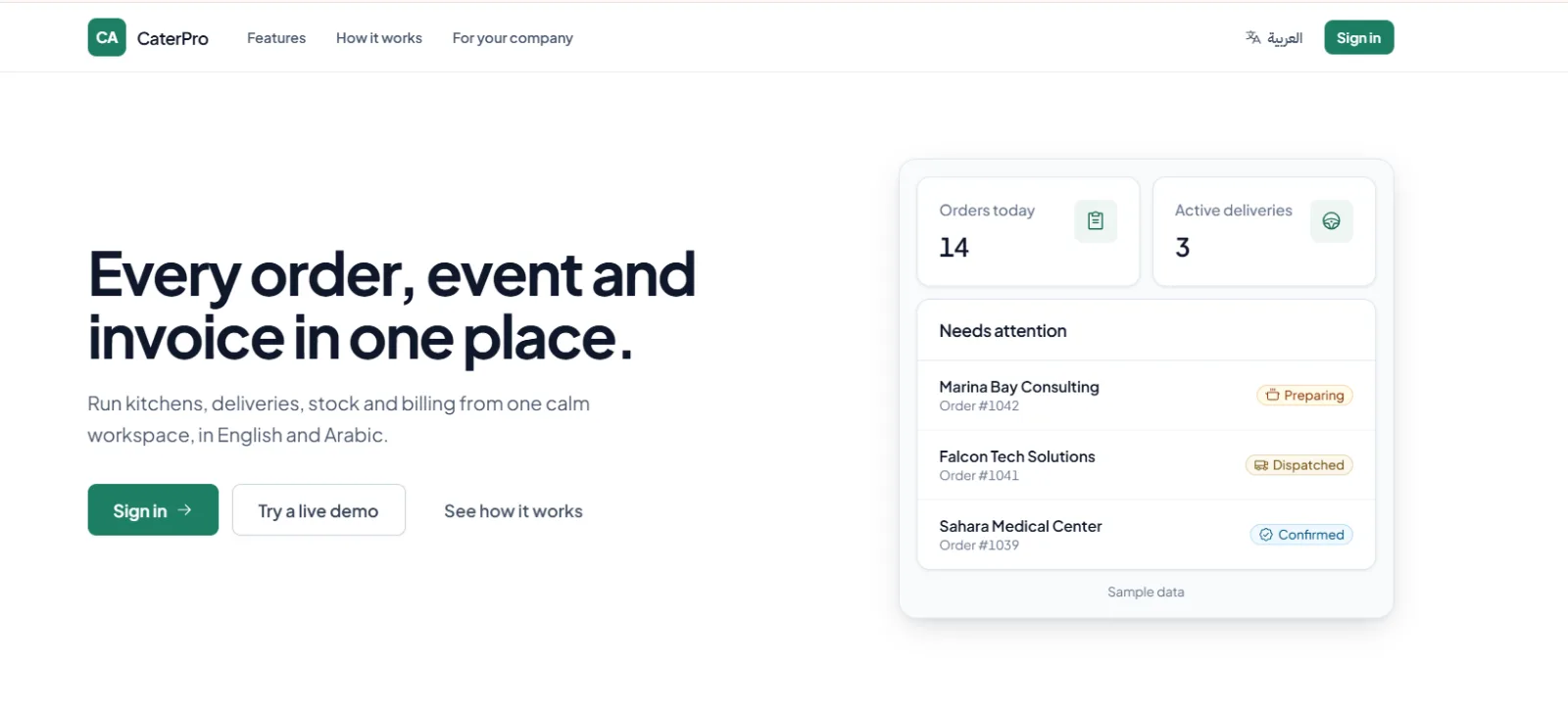 CaterPro landing page: Every order, event and invoice in one place