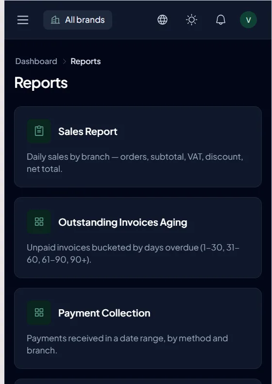Reports page on a phone in dark mode