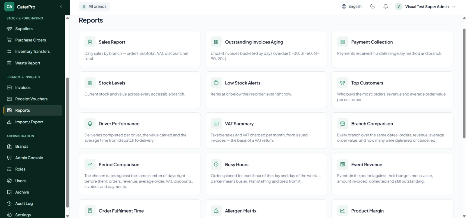 Reports hub with cards for sales, invoice ageing, payments, stock, VAT, busy hours and more