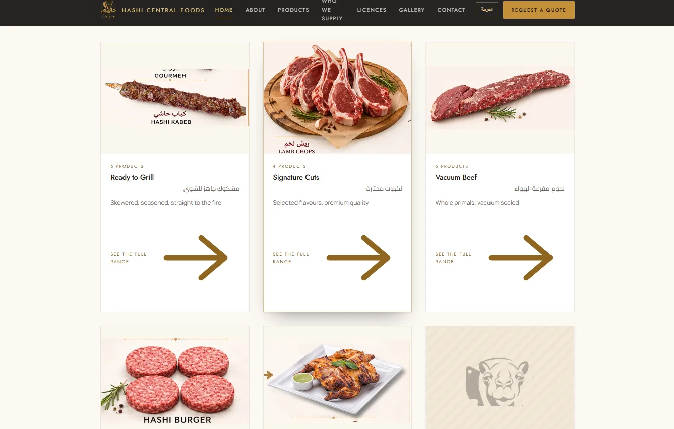 Product category cards: Ready to Grill, Signature Cuts and Vacuum Beef, in English and Arabic
