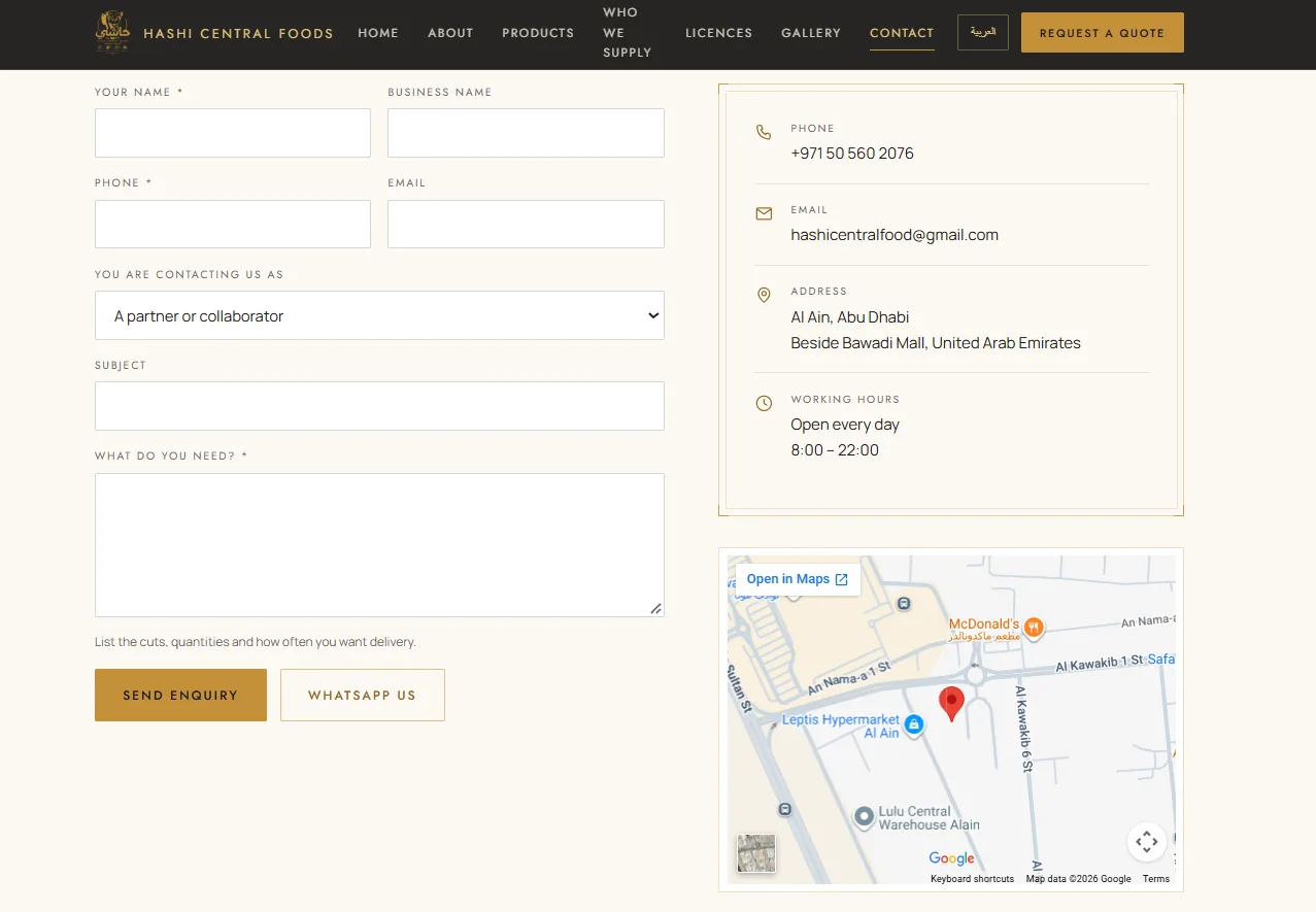 Enquiry form next to contact details and a map of the Al Ain location