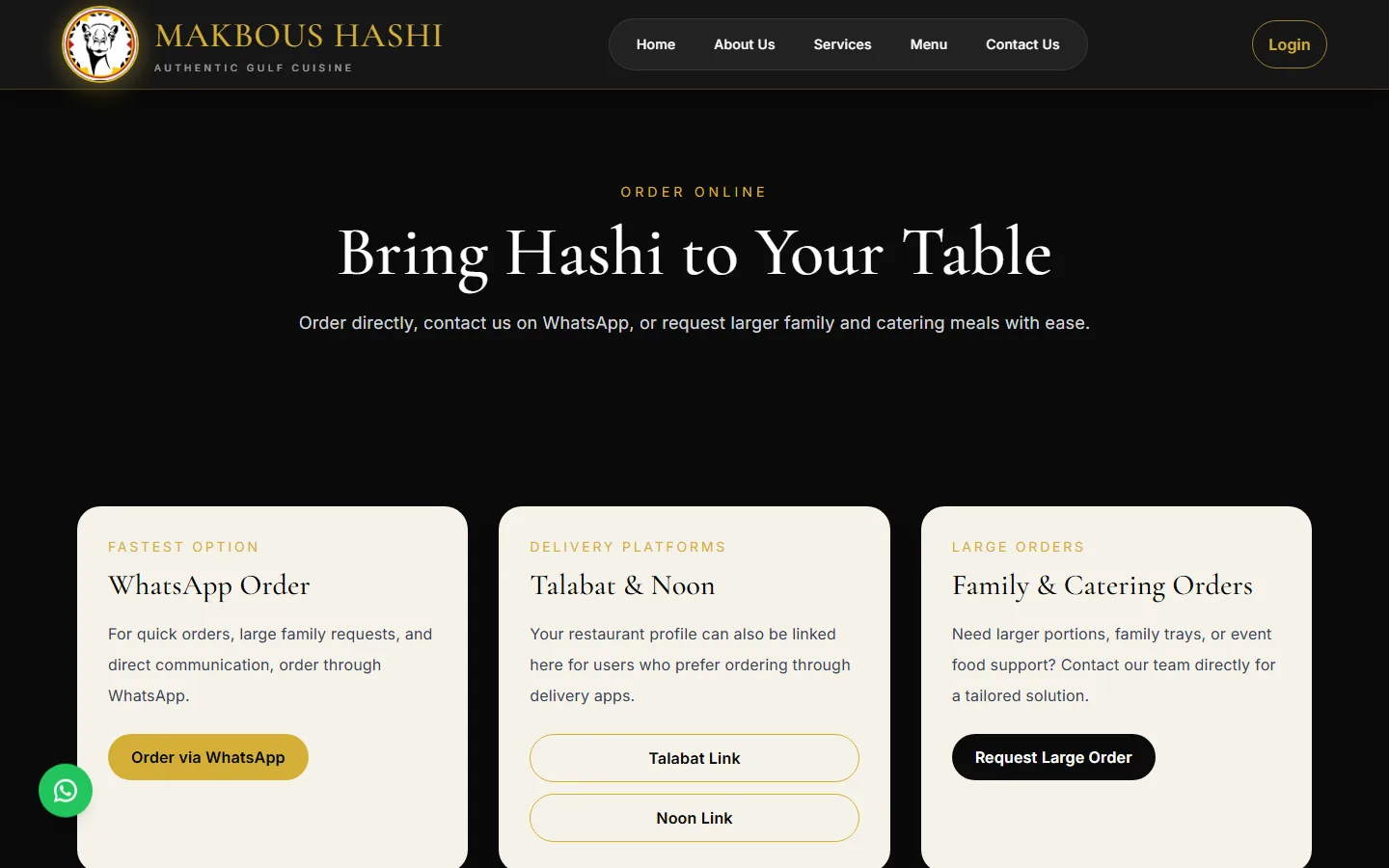 Order page with WhatsApp order, delivery platforms and family and catering order cards