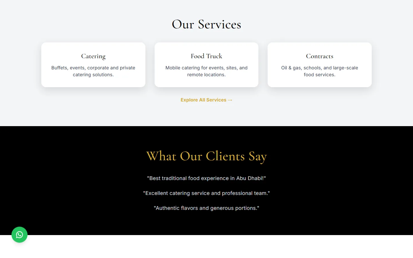 Our Services cards for catering, food truck and contracts, with client quotes