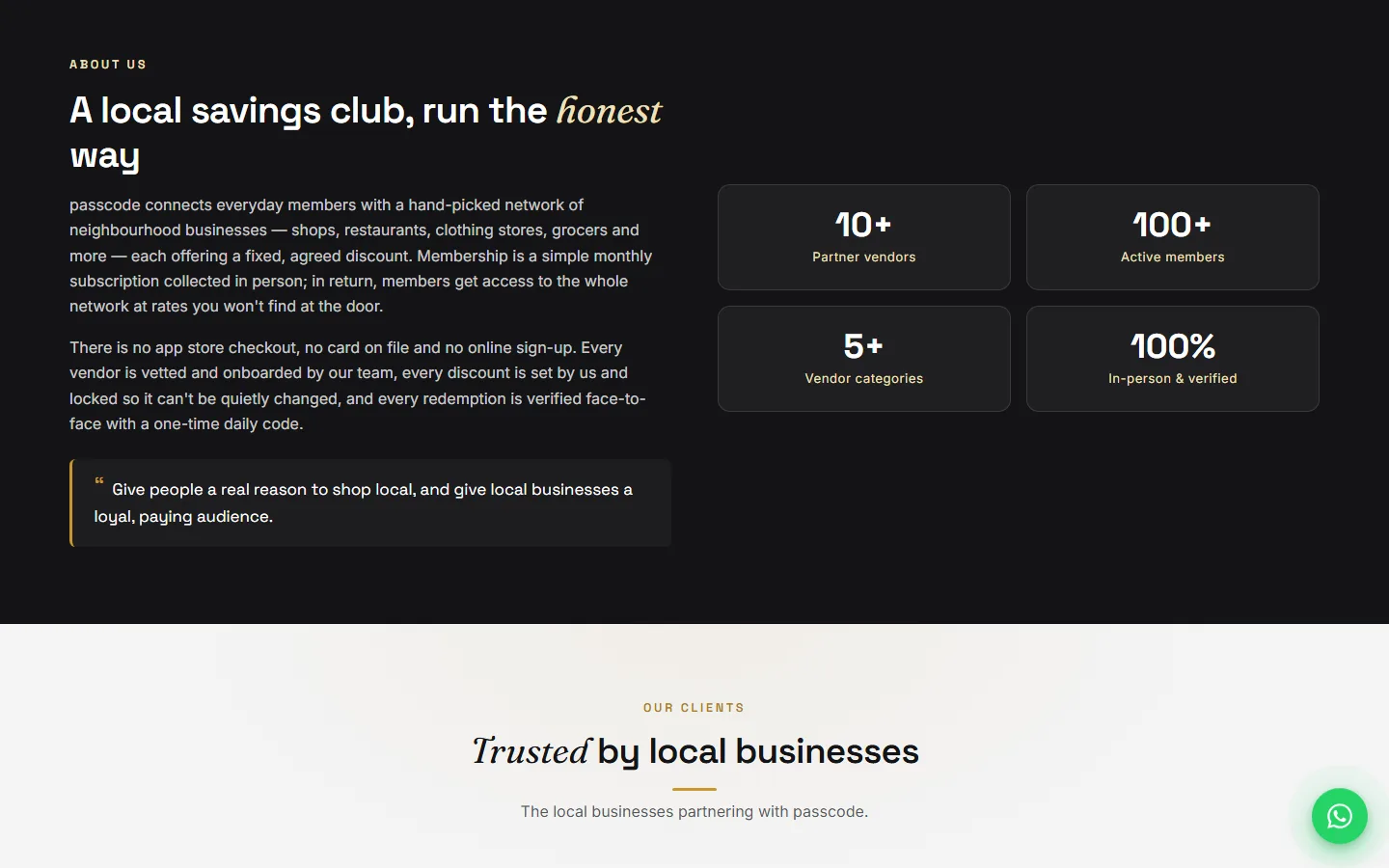 About section: a local savings club, run the honest way