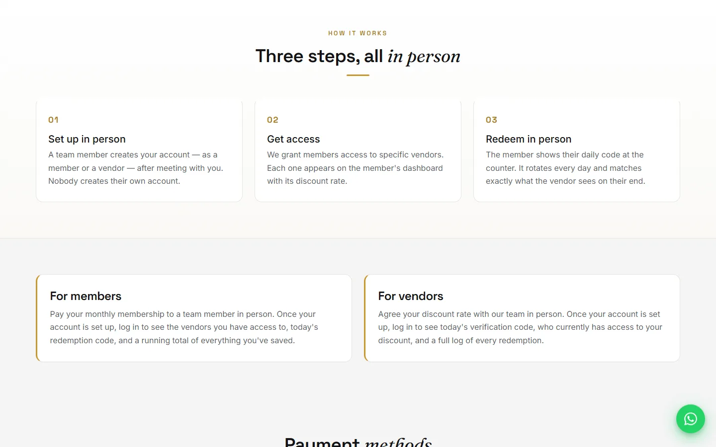 How it works: set up in person, get access, redeem in person, with member and vendor cards