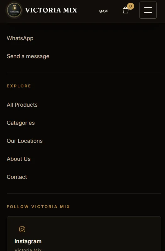 Victoria Mix footer navigation on a phone