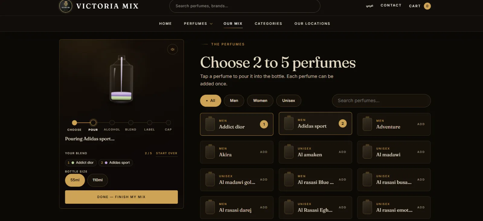 Our Mix blend builder: a bottle being filled with two perfumes next to the perfume list